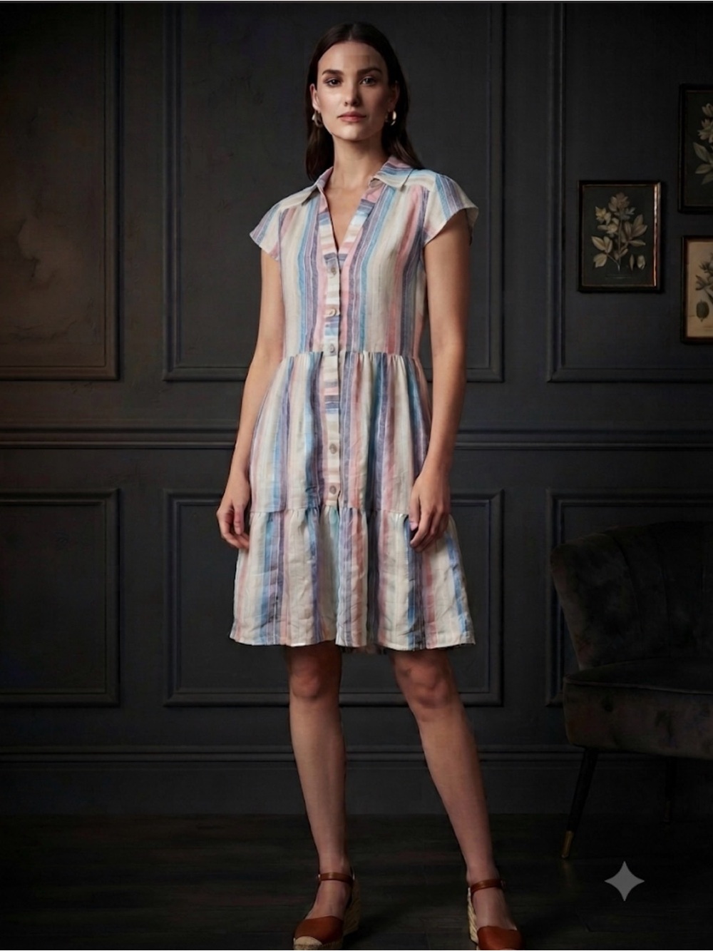 Rainbow Pastel Stripe Collared Button Mini Dress